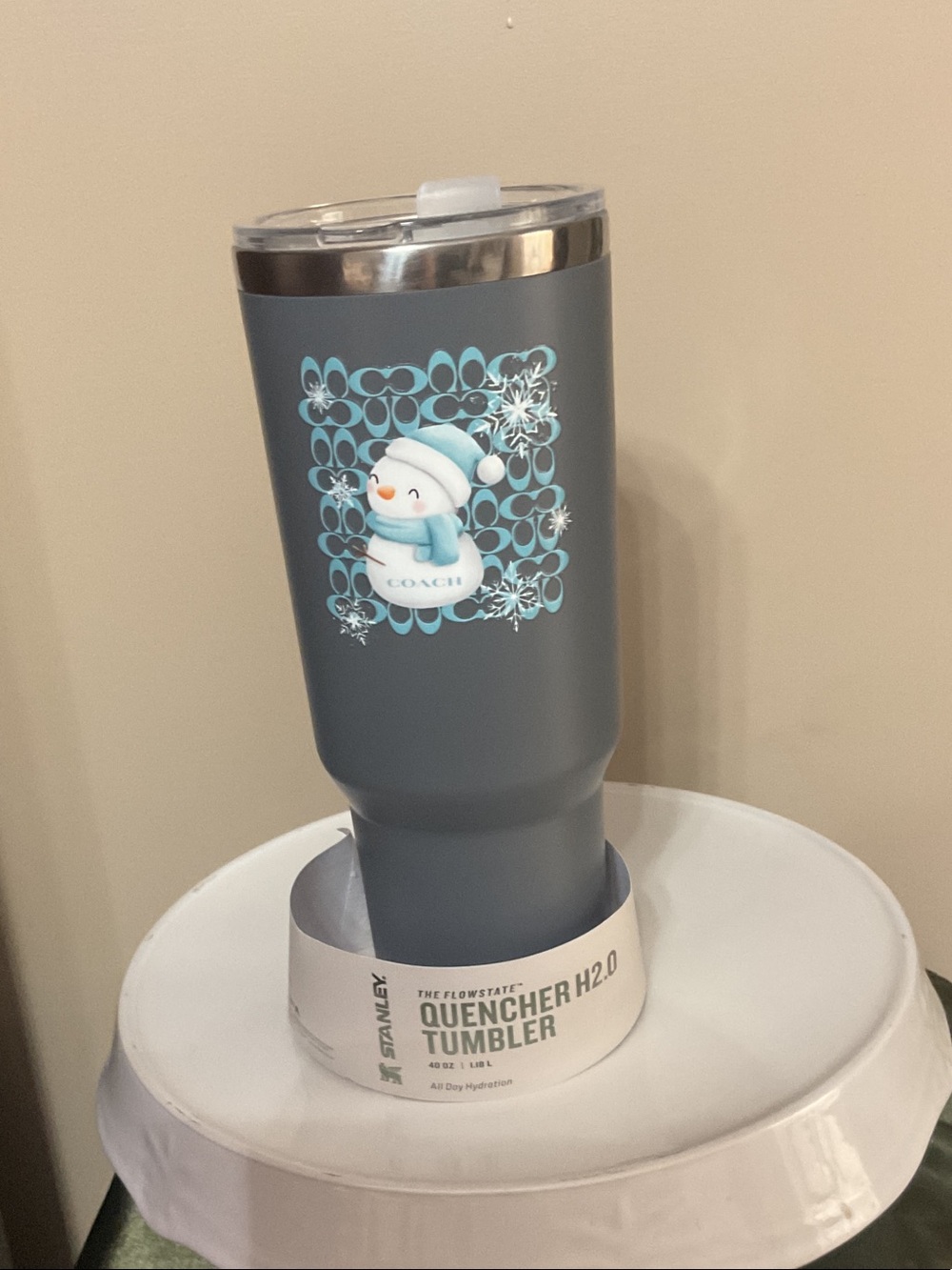 Stanley Gray Tumbler with Light Blue Snowman Graphic
